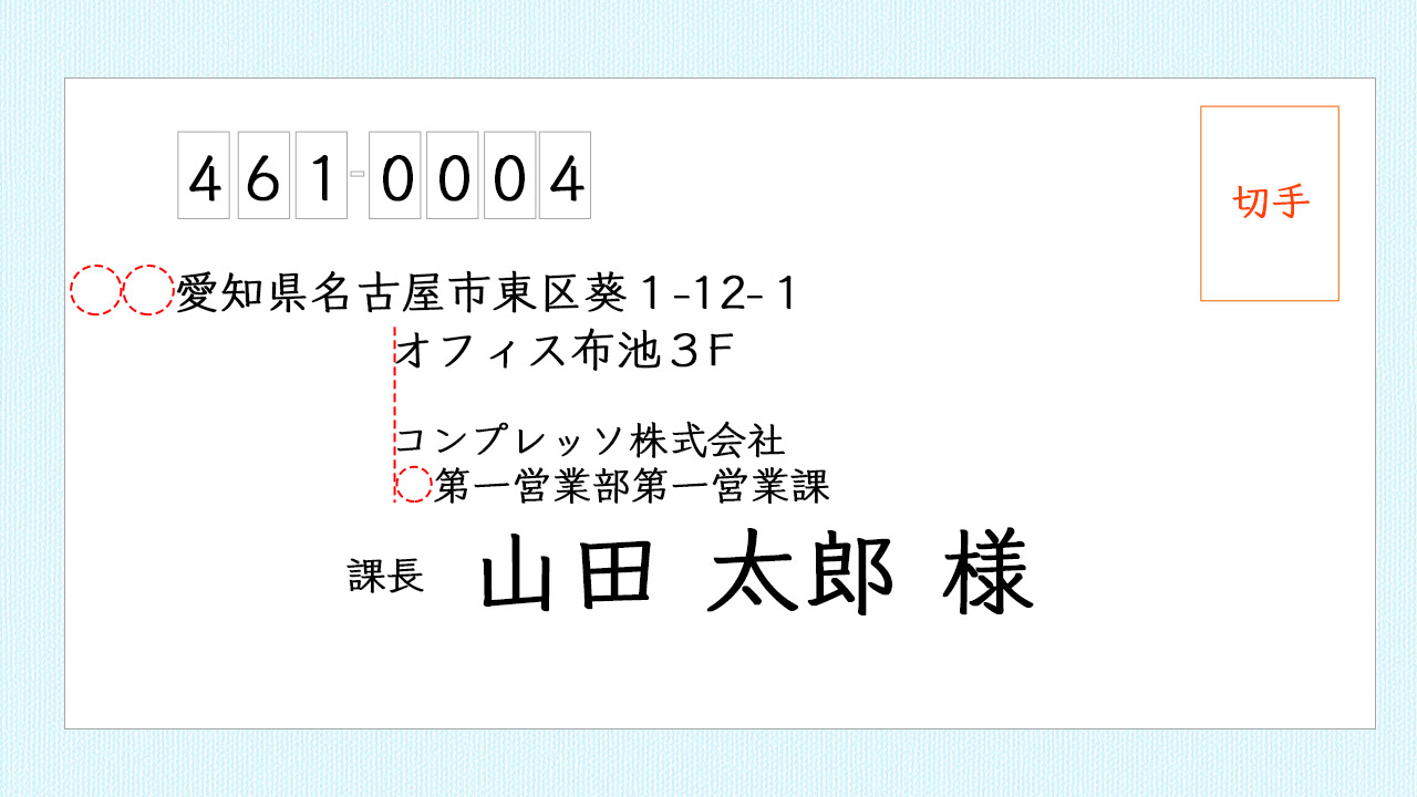 よこ書きの宛名と裏面の書き方イメージ@complesso.jp